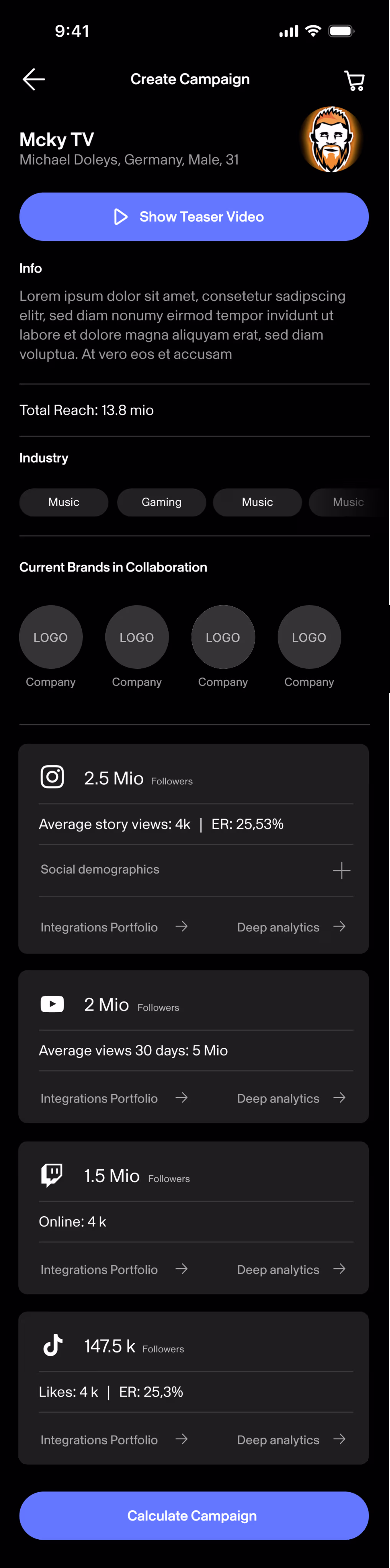 Bloop app screenshot showing influencer search and filtering